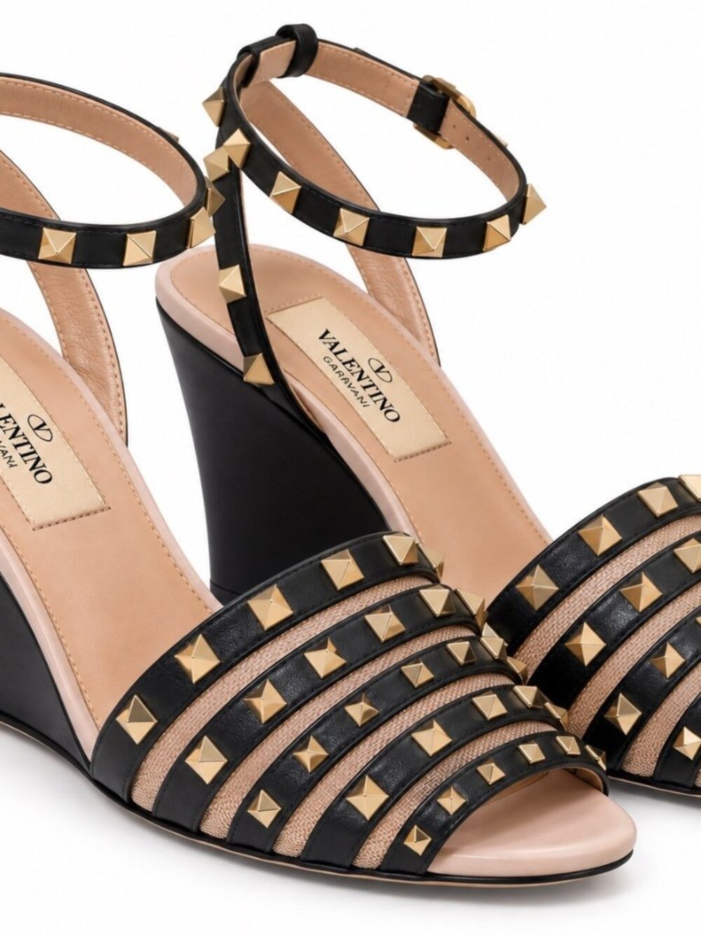 Valentino Garavani Rockstud Wedge Heel Sandals Black Ankle Strap Sz 38 Italy